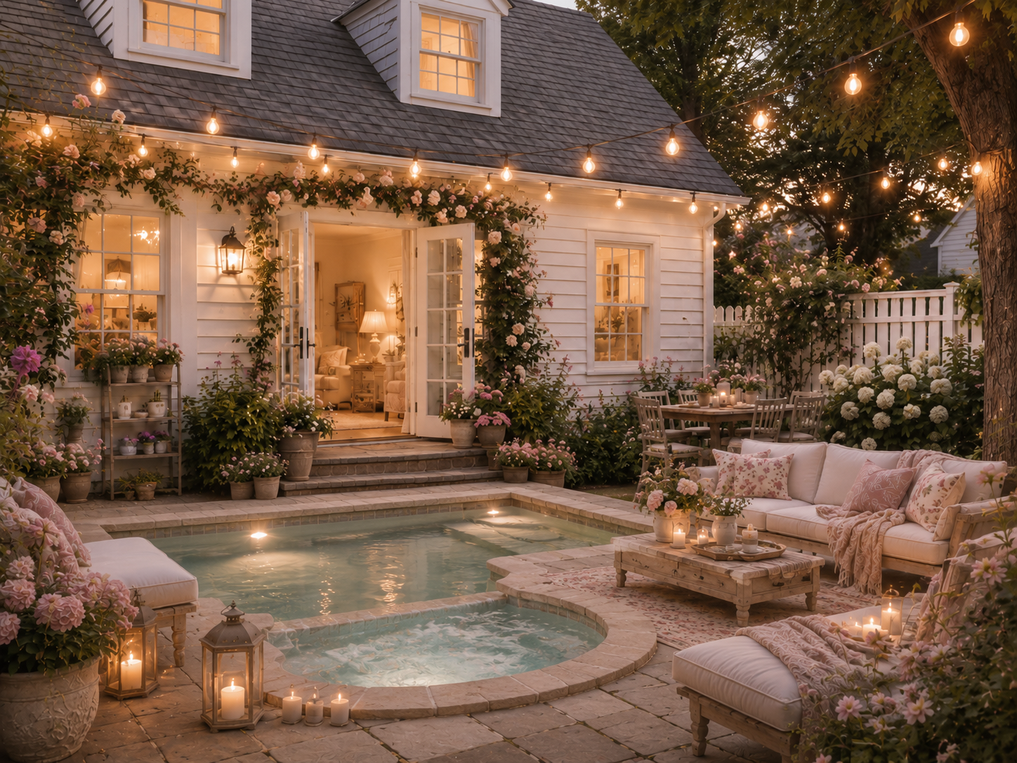 Whimsical cottage backyard with a small pool and connected hot tub