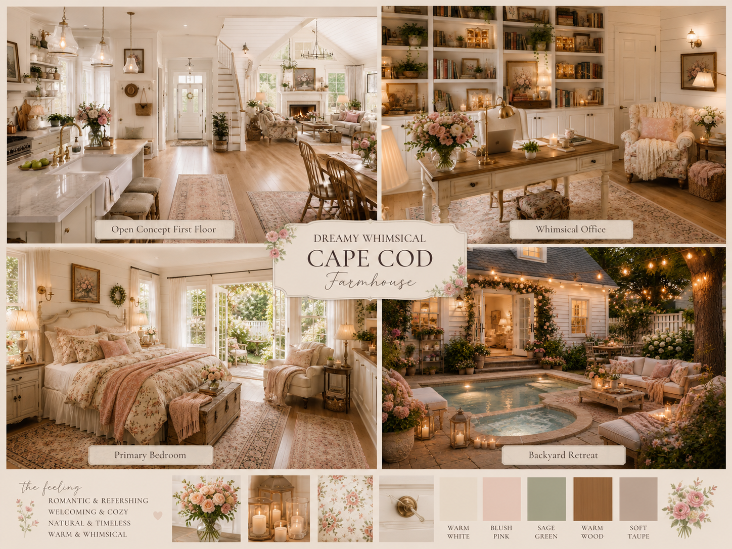 A dreamy whimsical Cape Cod farmhouse with flowers and warm cottage details