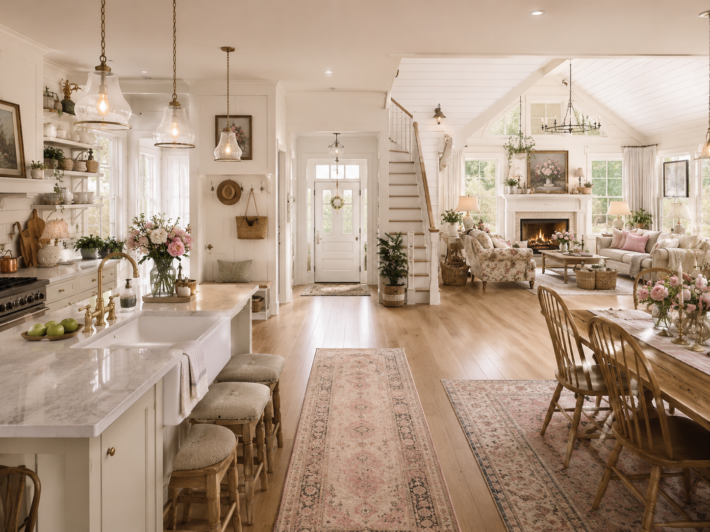 Open-concept whimsical farmhouse living room and kitchen