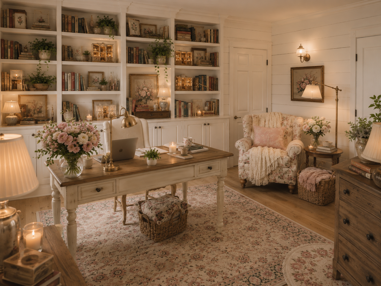Whimsical book-filled office with reading chair and miniature book nook kits